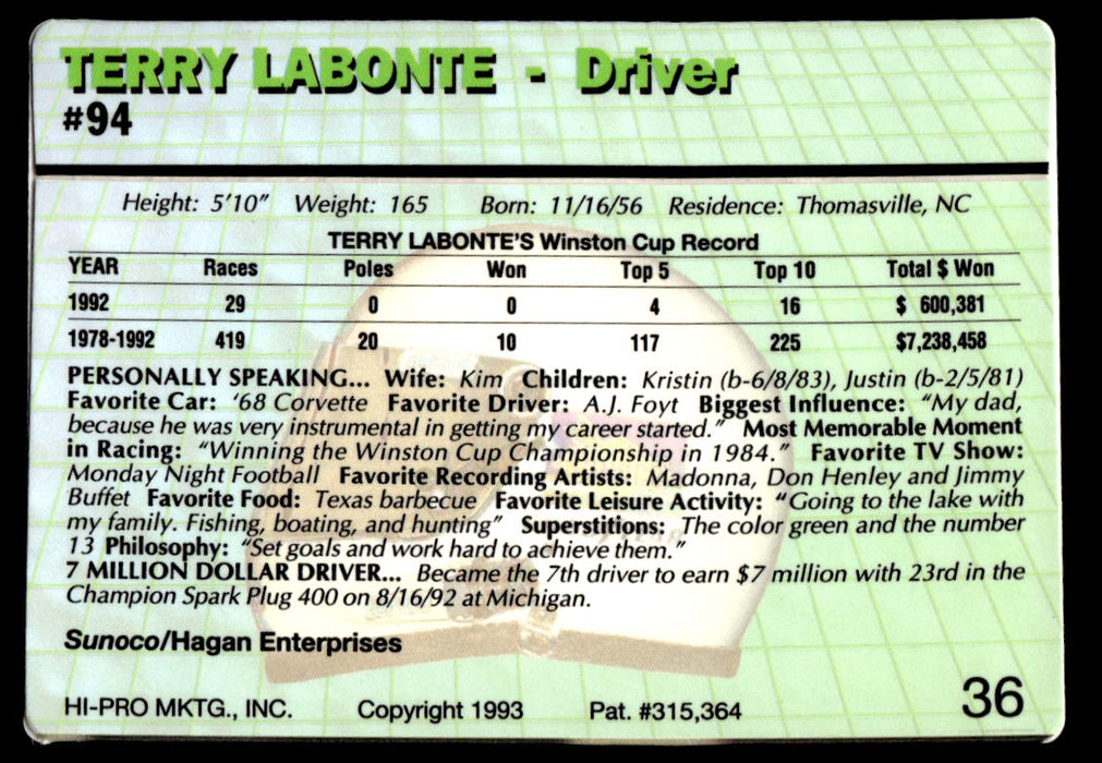 Terry Labonte 1993 Action Packed Base Back of Card
