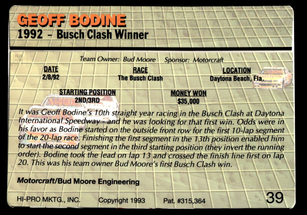 Geoff Bodine 1993 Action Packed Base Back of Card