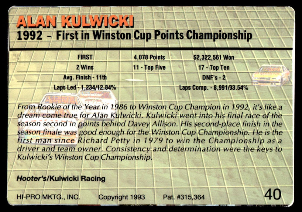 Alan Kulwicki 1993 Action Packed Base Back of Card