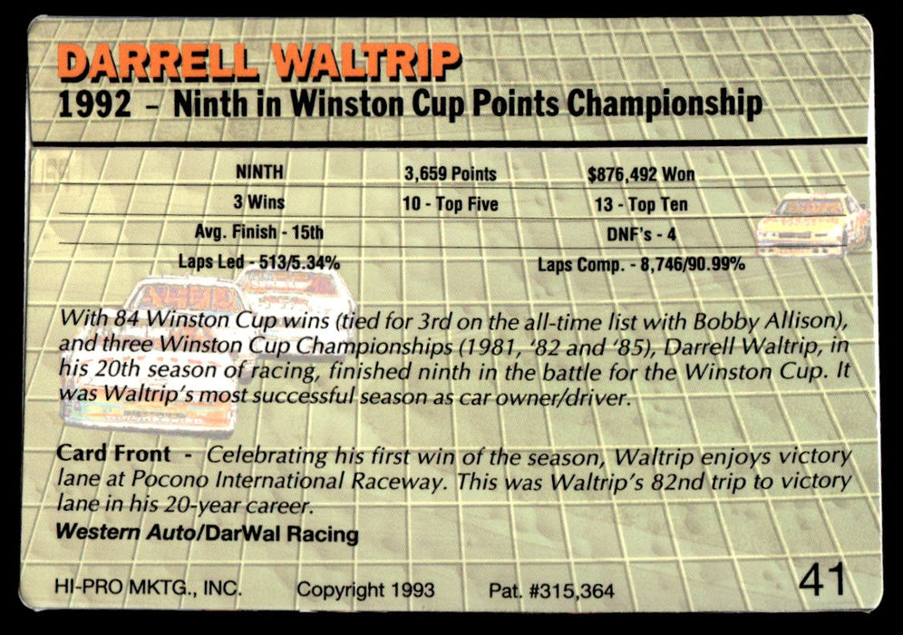 Darrell Waltrip 1993 Action Packed Base Back of Card