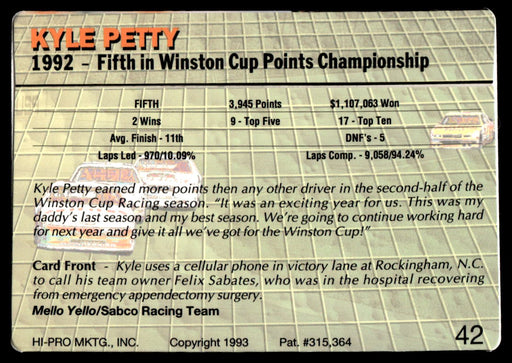 Kyle Petty 1993 Action Packed Base Back of Card