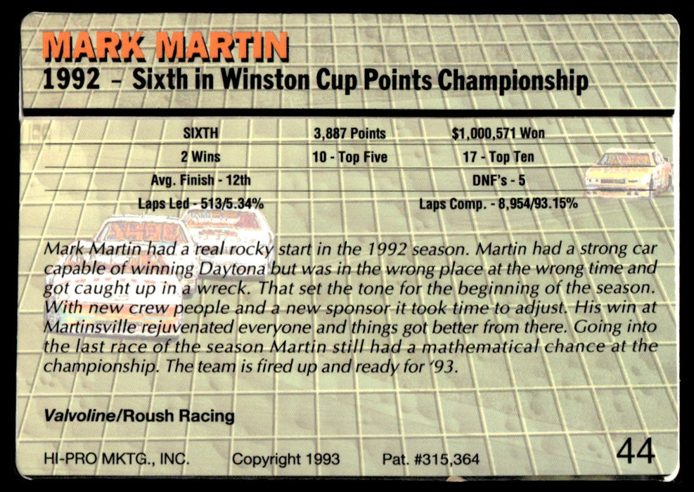 Mark Martin 1993 Action Packed Base Back of Card