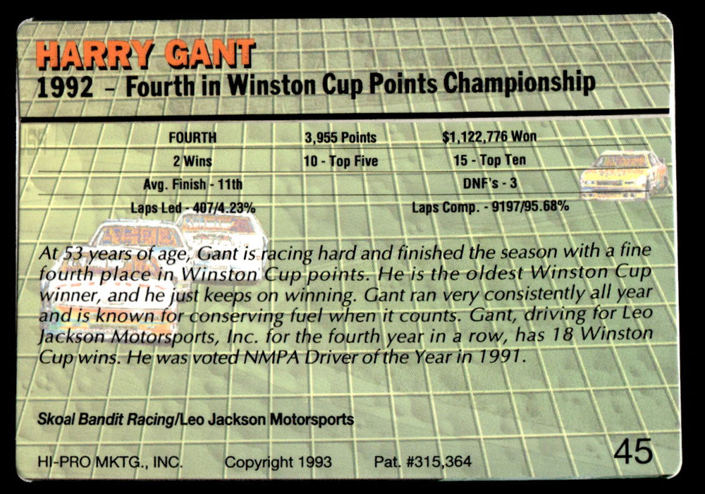 Harry Gant 1993 Action Packed Base Back of Card