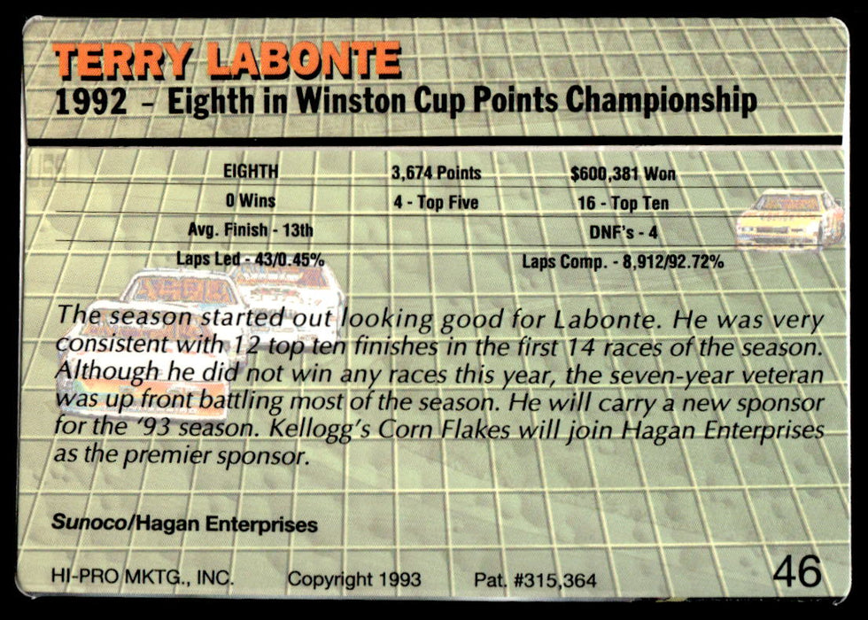 Terry Labonte 1993 Action Packed Base Back of Card