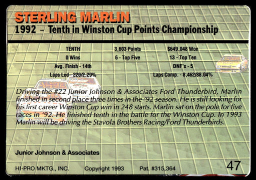 Sterling Marlin 1993 Action Packed Base Back of Card
