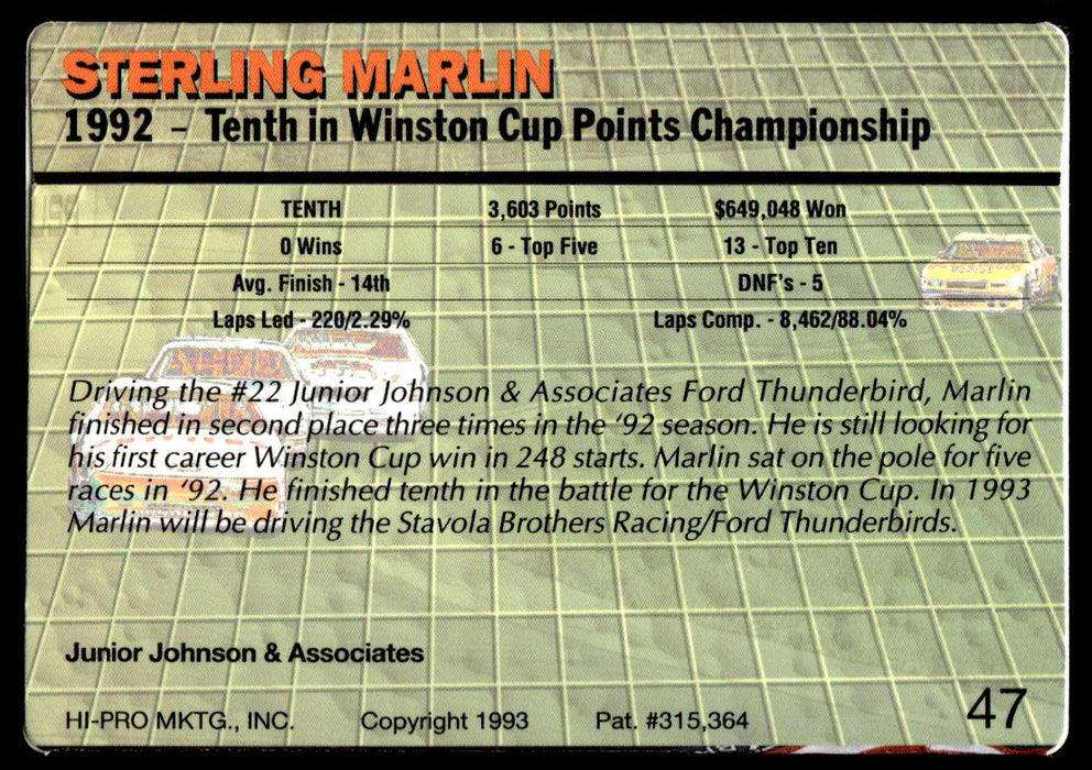 Sterling Marlin 1993 Action Packed Base Back of Card