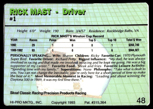 Rick Mast 1993 Action Packed Base Back of Card