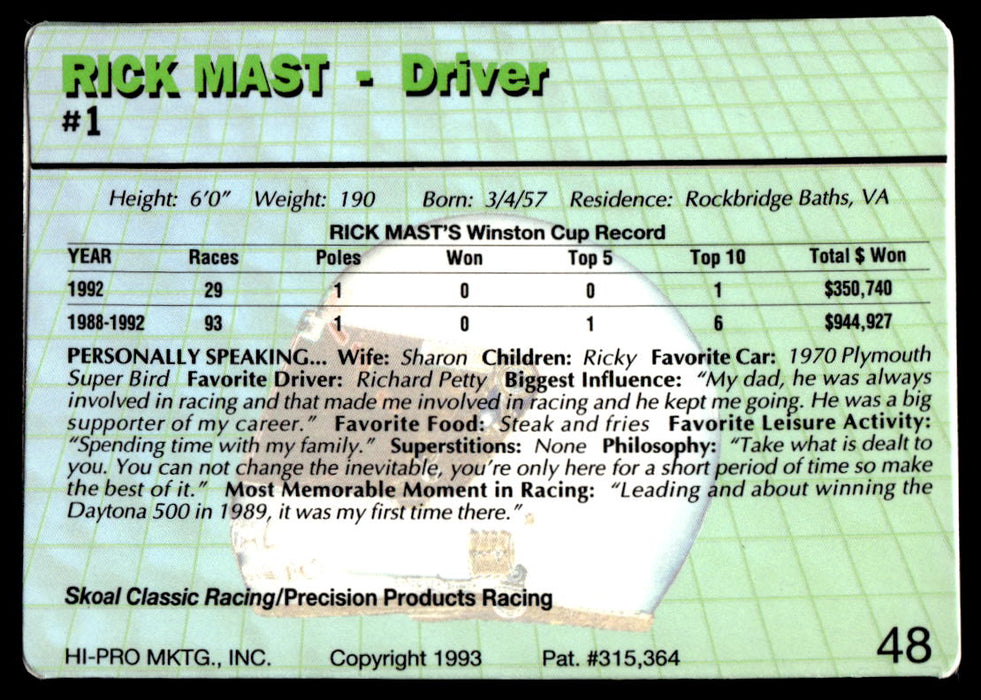 Rick Mast 1993 Action Packed Base Back of Card