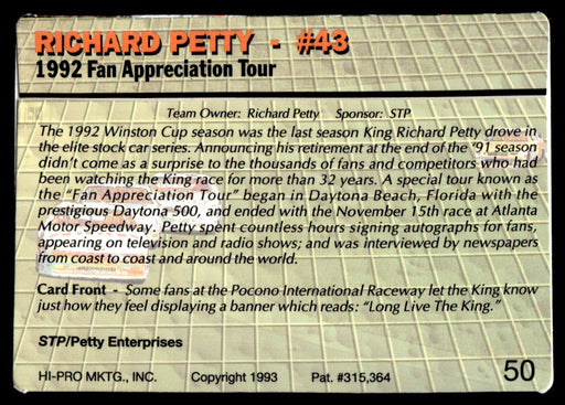 Richard Petty 1993 Action Packed Base Back of Card