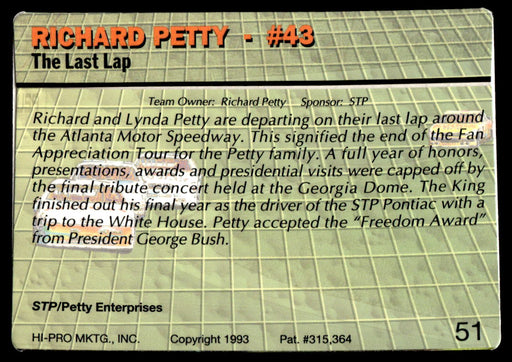 Richard Petty 1993 Action Packed Base Back of Card