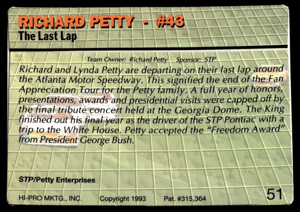 Richard Petty 1993 Action Packed Base Back of Card