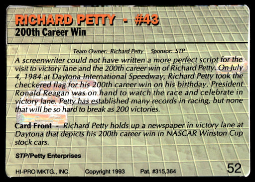 Richard Petty 1993 Action Packed Base Back of Card