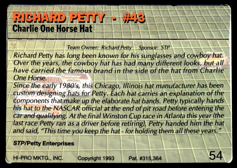 Richard Petty 1993 Action Packed Base Back of Card