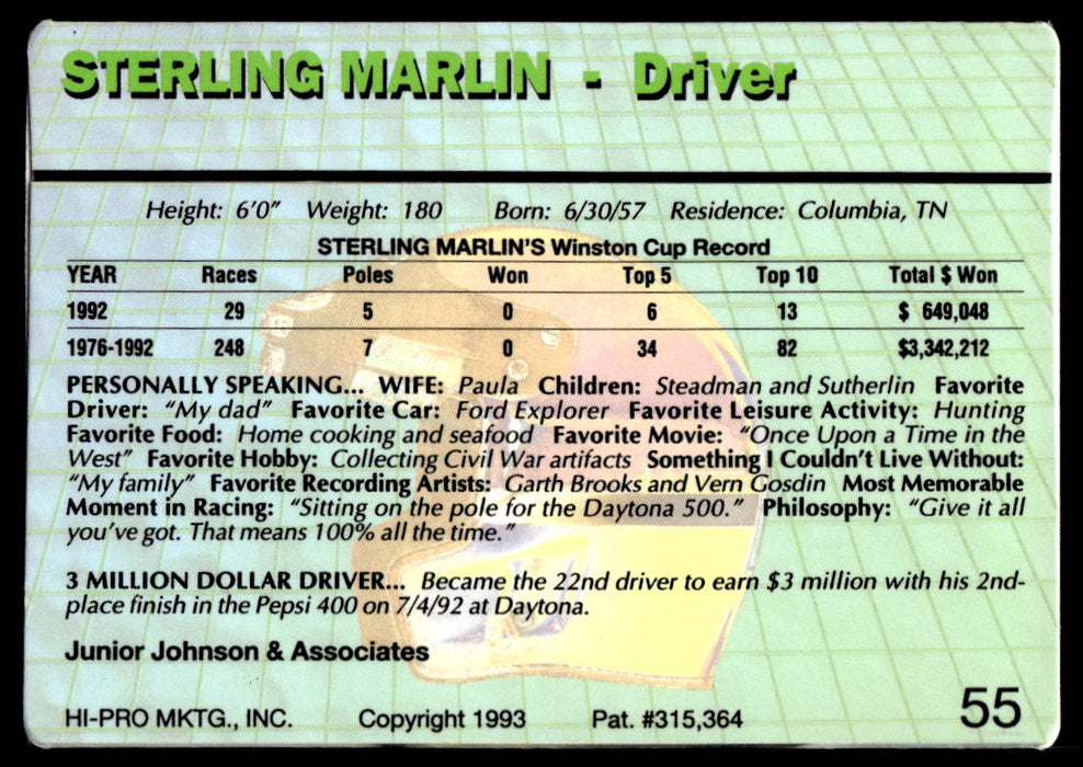 Sterling Marlin 1993 Action Packed Base Back of Card