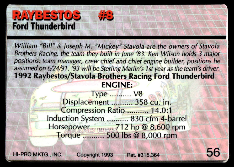 Sterling Marlin 1993 Action Packed Base Back of Card