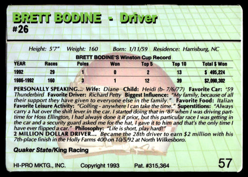 Brett Bodine 1993 Action Packed Base Back of Card