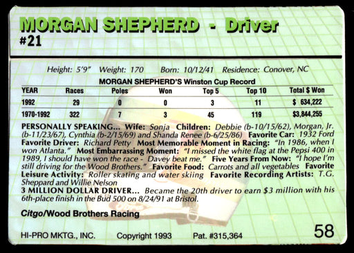 Morgan Shepherd 1993 Action Packed Base Back of Card