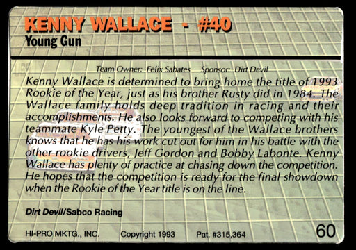 Kenny Wallace 1993 Action Packed Base Back of Card