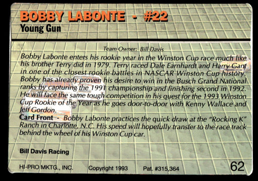 Bobby Labonte 1993 Action Packed Base Back of Card