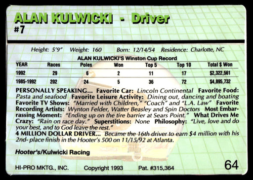 Alan Kulwicki 1993 Action Packed Base Back of Card