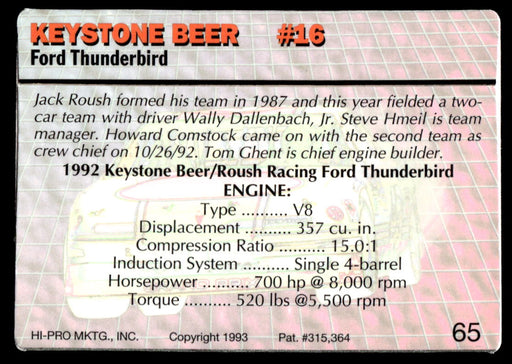 Wally Dallenbach Jr. 1993 Action Packed Base Back of Card