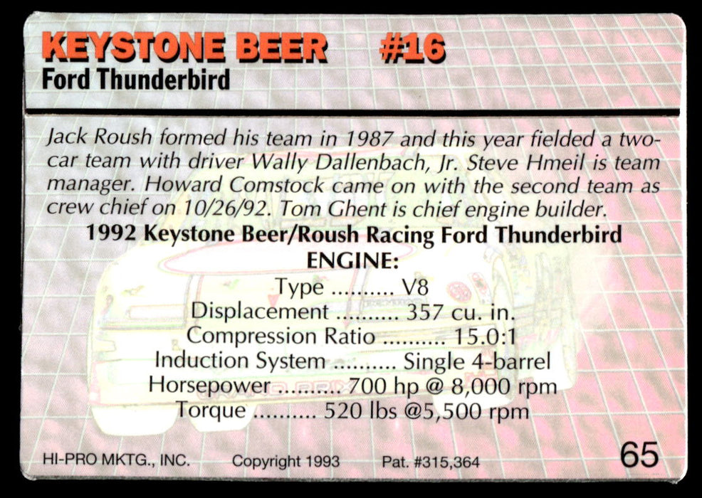 Wally Dallenbach Jr. 1993 Action Packed Base Back of Card