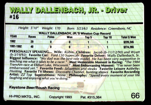 Wally Dallenbach Jr. 1993 Action Packed Base Back of Card