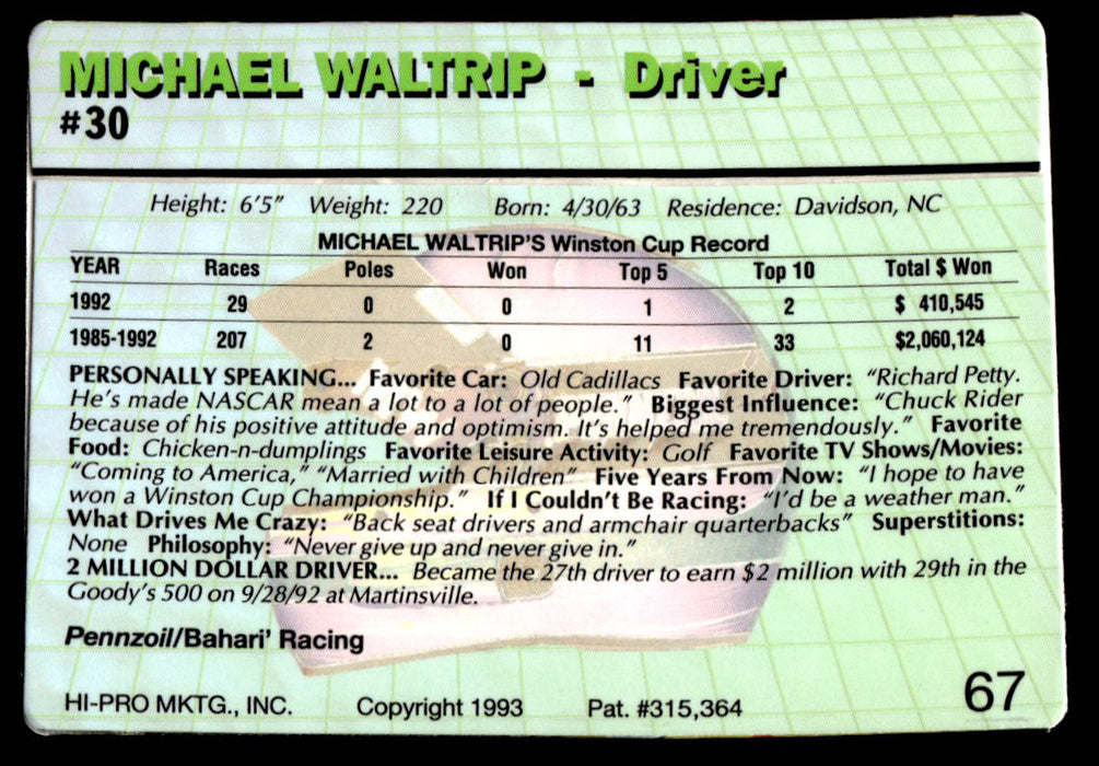 Michael Waltrip 1993 Action Packed Base Back of Card