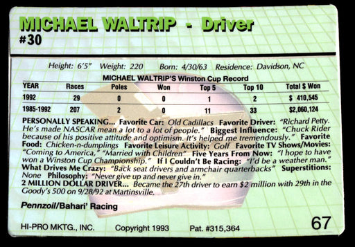 Michael Waltrip 1993 Action Packed Base Back of Card