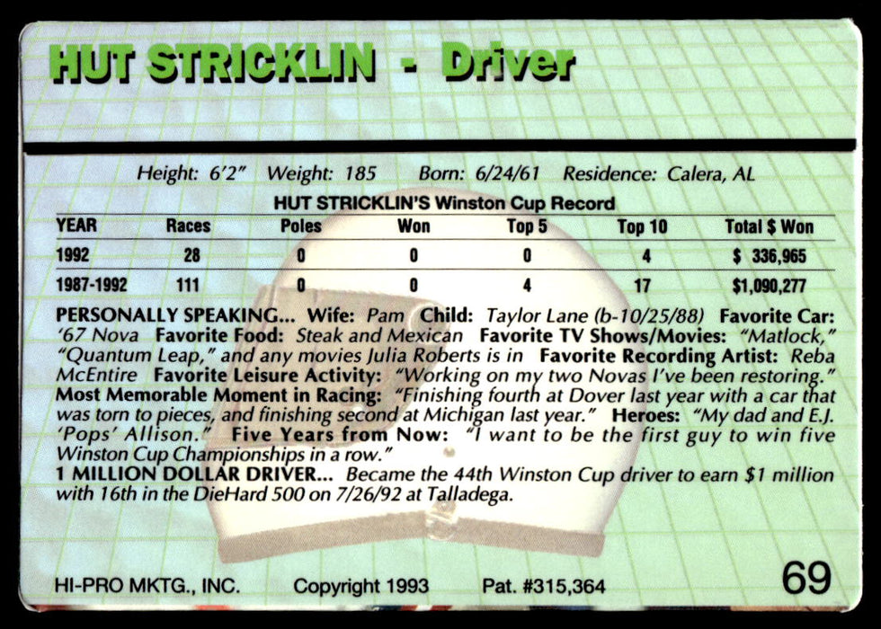 Hut Stricklin 1993 Action Packed Base Back of Card