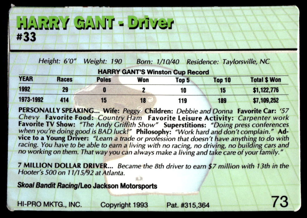 Harry Gant 1993 Action Packed Base Back of Card