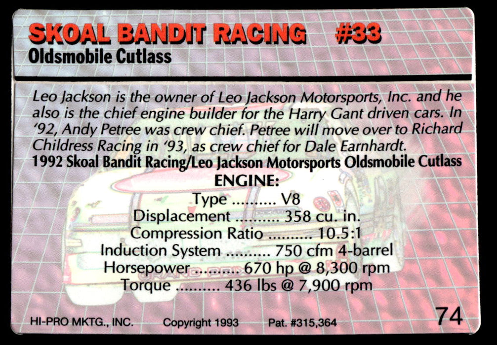 Harry Gant 1993 Action Packed Base Back of Card