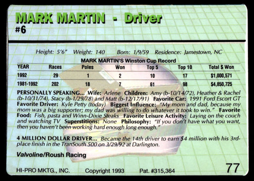Mark Martin 1993 Action Packed Base Back of Card