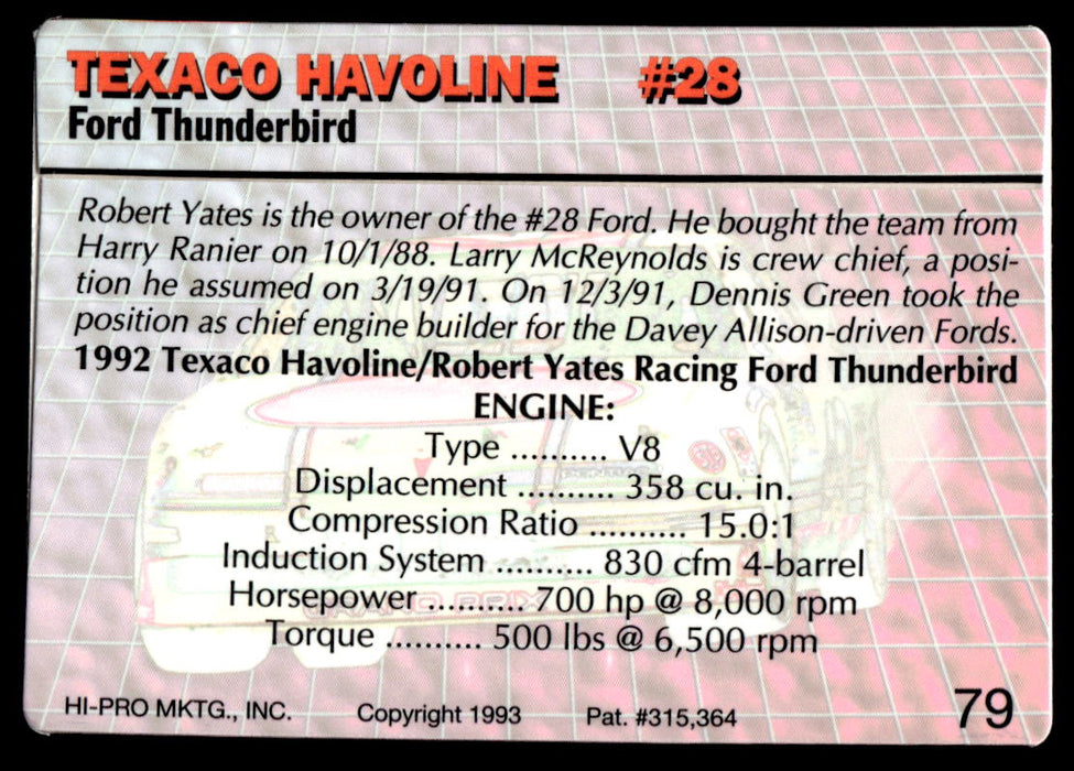 Davey Allison 1993 Action Packed Base Back of Card