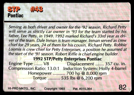 Richard Petty 1993 Action Packed Base Back of Card