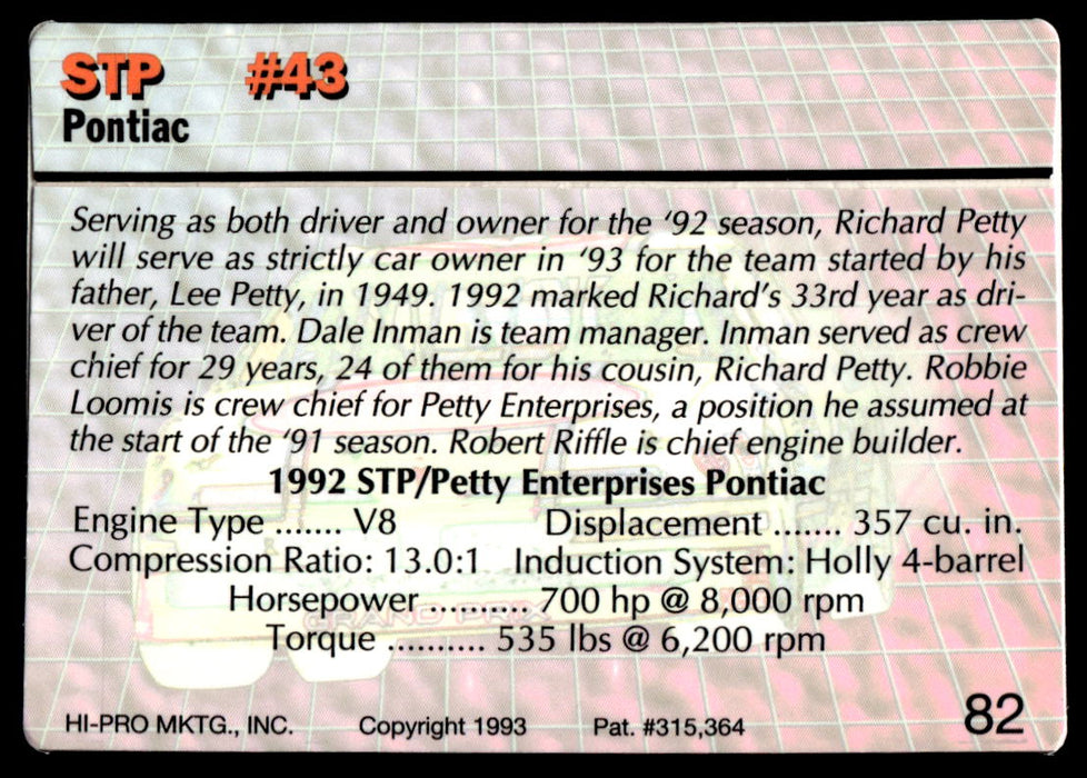Richard Petty 1993 Action Packed Base Back of Card