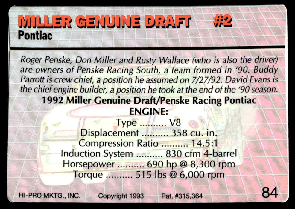 Rusty Wallace 1993 Action Packed Base Back of Card