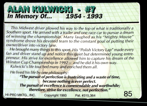 Alan Kulwicki 1993 Action Packed Base Back of Card
