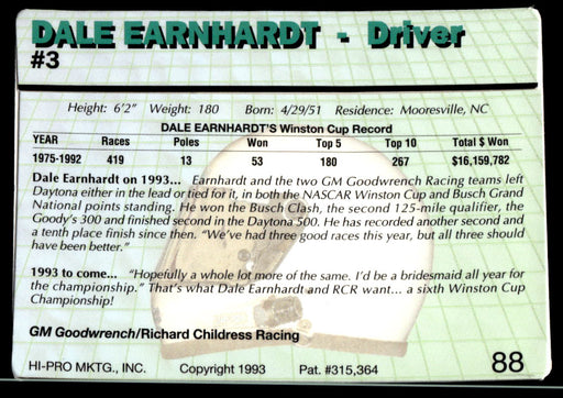 Dale Earnhardt 1993 Action Packed Base Back of Card