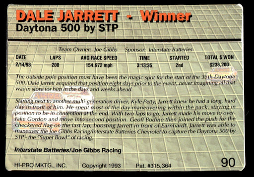 Dale Jarrett 1993 Action Packed Base Back of Card