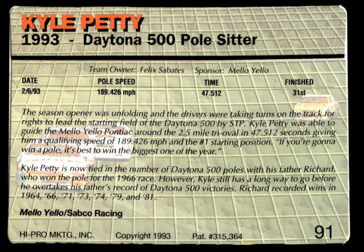 Kyle Petty 1993 Action Packed Base Back of Card
