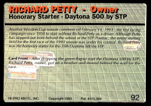 Richard Petty 1993 Action Packed Base Back of Card