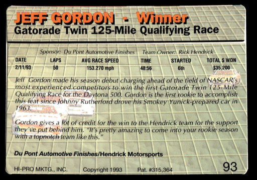 Jeff Gordon 1993 Action Packed Base Back of Card