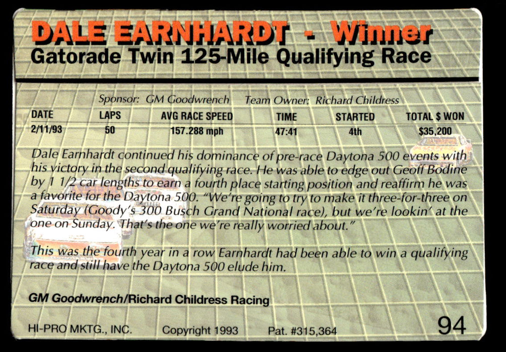 Dale Earnhardt 1993 Action Packed Base Back of Card