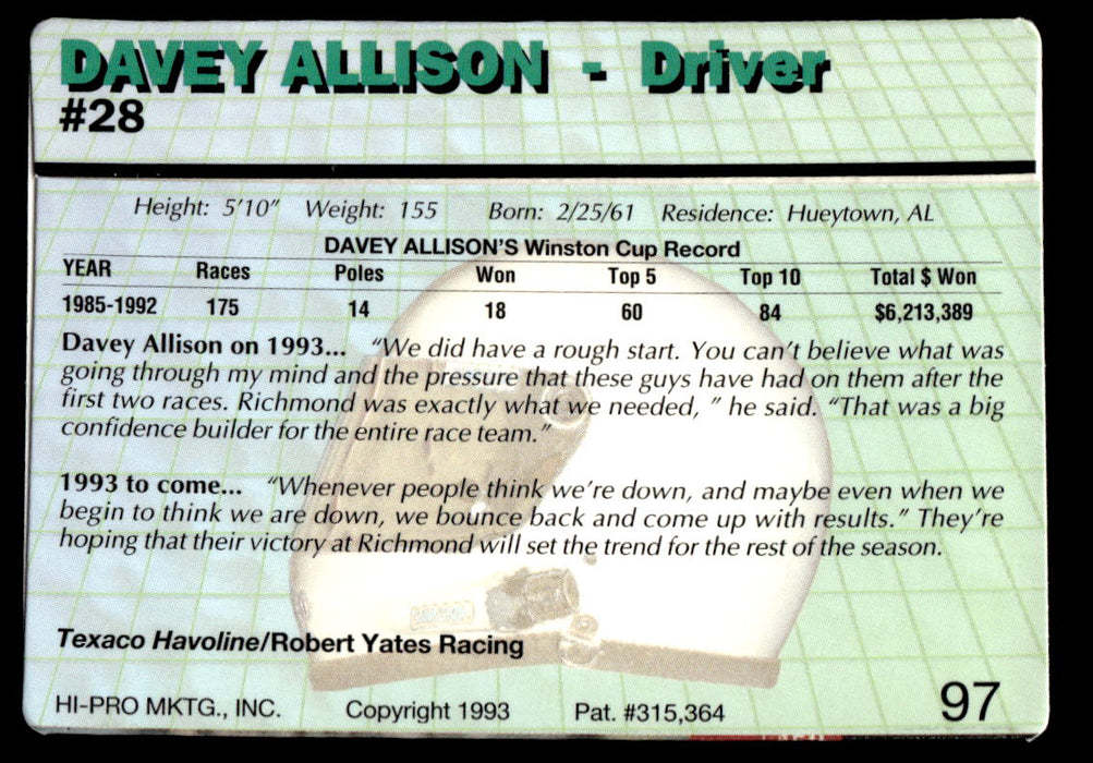Davey Allison 1993 Action Packed Base Back of Card