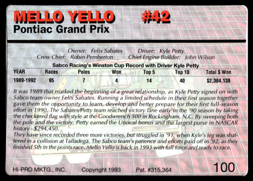 Kyle Petty 1993 Action Packed Base Back of Card