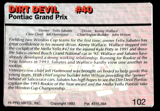 Kenny Wallace 1993 Action Packed Base Back of Card