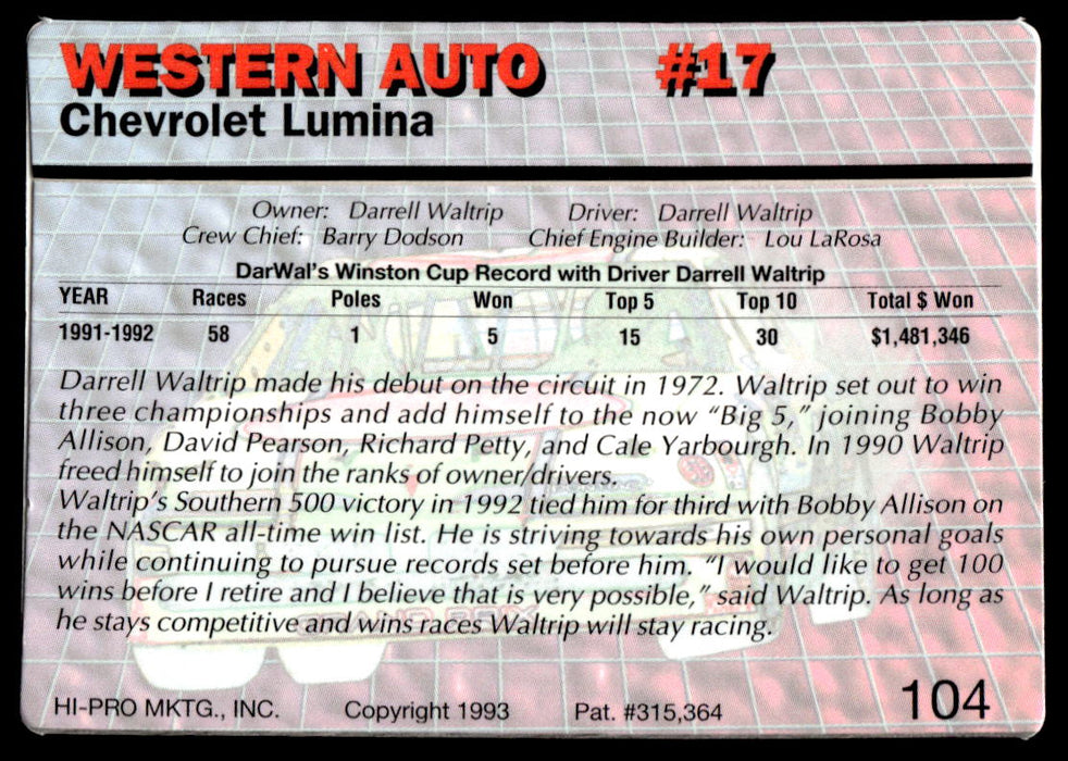 Darrell Waltrip 1993 Action Packed Base Back of Card