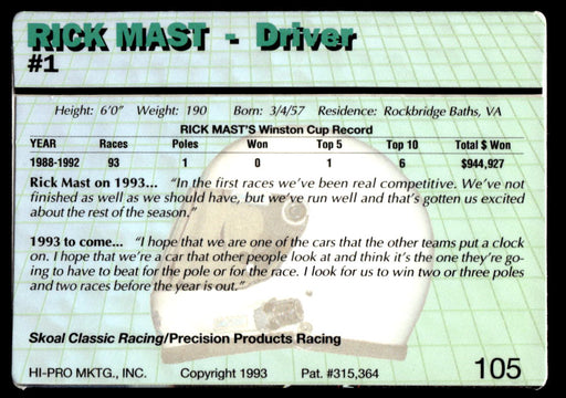 Rick Mast 1993 Action Packed Base Back of Card
