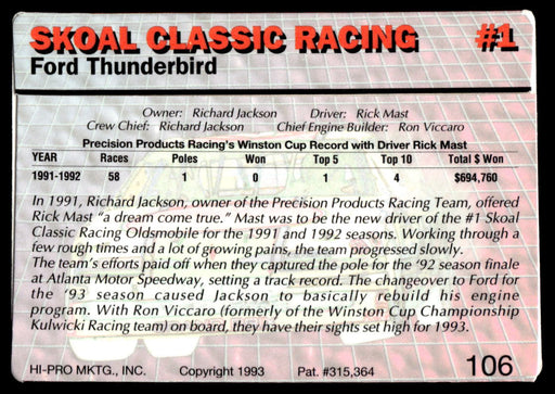 Rick Mast 1993 Action Packed Base Back of Card